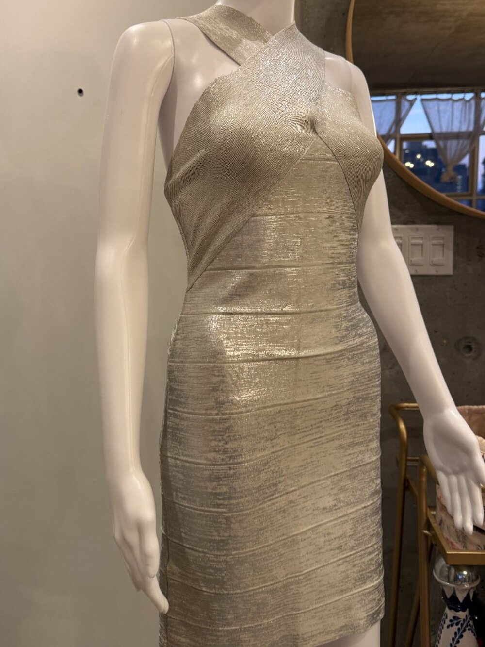 Hervé Léger Foiled Crisscross Bandage Dress — Silver